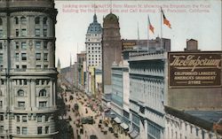 Looking down Market Street from Mason St showing the Emporium of the Flood Building, the Humboldt Bank and Call Building Postcard