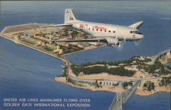 United Air Lines Mainliner Flying Over Golden Gate International Exposition San Francisco, CA Postcard Postcard Postcard