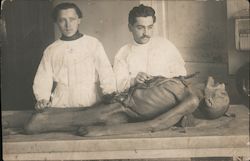 Autopsy performed on old man, two doctors. Postcard