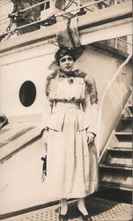 Well Dressed Woman in Hat on Ship Postcard