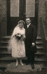 Bride and Groom standing on steps Marriage & Wedding Postcard Postcard Postcard