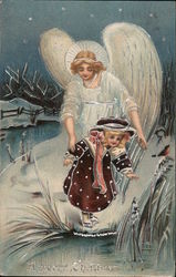 A Merry Christmas -- Angel Protecting a Child in The Snow from Walking into a Pond Postcard