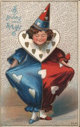 A Loving Thought -- Child Dressed up as a Jester with Hearts Postcard