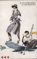 Red Cross. Catastrophies et Calamites. Man poling a boat with red cross nurse. Postcard