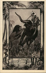 Lion attacking elephant carrying hunter Postcard