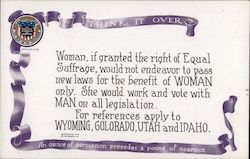 Woman suffragette. Think it over. An ounce of persuasion precedes a pound of coercion. Postcard