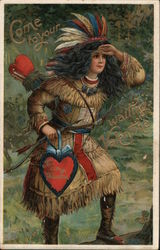 Come to your waiting valentine. Indian Cupid with bow and arrow. Postcard