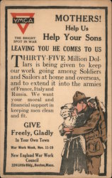 YMCA Mothers! Help us help your sons. Give Freely, gladly. War Work Week Nov 11-19 World War I Postcard Postcard Postcard