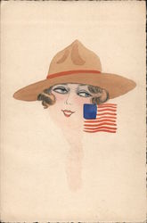 Hand Drawn, Original Art Woman WWI Hat American Flag Patriotic Postcard Postcard Postcard