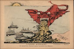 WWI? L'Ogre D'Orient. Four warships, oriental dragon, Coree Artist Signed T. Bianco Postcard Postcard Postcard