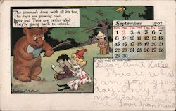 September 1907 Back to School, Children reading with bear teacher Postcard