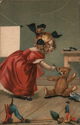 Girl feeding a Teddy Bear with a Spoon Postcard