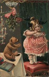 Little Girl with Teddy Bear, Red Striped Dress Postcard