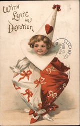 With Love and Devotion. Girl in Valentine clown outfit. Children Ellen Clapsaddle Postcard Postcard Postcard