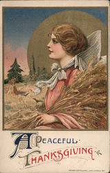 A peaceful Thanksgiving. Woman holding wheat sheaves in field. Postcard