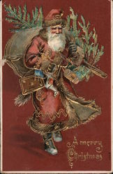 A Merry Christmas -- Santa Carrying Toys and a Tree Santa Claus Postcard Postcard Postcard