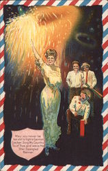 Woman with firework. May you never be too old to light a cannon cracker Postcard