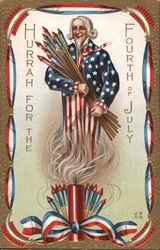 Hurrah for the Fourth of July. Uncle Sam, fireworks and fire cracker 4th of July Postcard Postcard Postcard