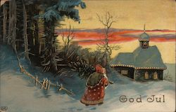 Swedish God Jul Santa Coming from forest walking towards house Postcard