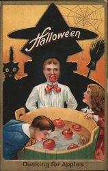 Halloween - Three Children Bobbing for Apples Postcard