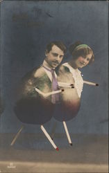 Man and woman as fruit with matchstick arms and legs Postcard