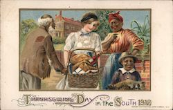 Thanksgiving Day in the South 1912. White woman with basket of food for black family. Child holds raccoon. Blacks Postcard Postc Postcard