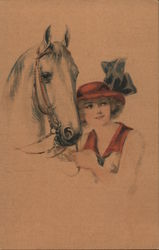 Portrait of white horse and girl in red hat. Horses Postcard Postcard Postcard