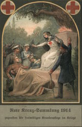 Red Cross. Rote Kreuz. Nurse reaching out to help injured soldier on stretcher Postcard