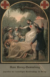 Red Cross nurse reaches out toward stretcher with injured military man. Postcard