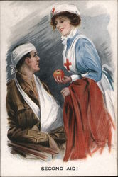 Second Aid! Red Cross Nurse giving apple to bandaged soldier Postcard Postcard Postcard