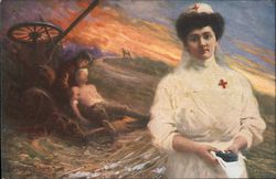 Red Cross nurse, injured soldier in battlefield, horse drawn wagon. Postcard