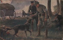 Red Cross dog showing hat to Red Cross aid on battlefield Postcard