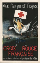 Red Cross girl flying on goose carrying Red Cross Flag. Croix Rouge Francaise Postcard