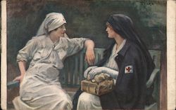 WWI Red Cross nurses sitting on bench Postcard Postcard Postcard