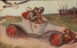 Red Cross Nurse in race car as stork with baby flies behind. Postcard Postcard Postcard