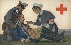 Red Cross nurse giving bowl of nourishment to fallen soldier. Postcard Postcard Postcard