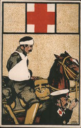 German Red Cross aid leading horse carrying injured soldier. Postcard Postcard Postcard