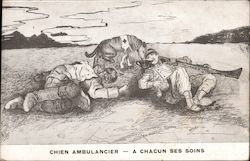 Red Cross dog pees on German soldier and gives aid to French solider. Postcard