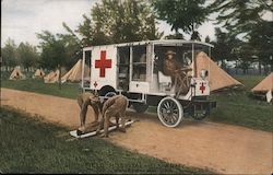 Field Hospital - U.S. Army. Tents, Red Cross wagon, man on stretcher being lifted into wagon. Postcard Postcard Postcard