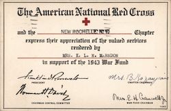 The American National Red Cross certificate of appreciation of services. 1943 War Fund Postcard Postcard Postcard