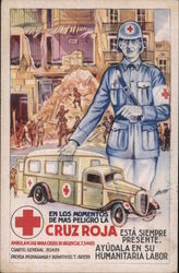 Spanish Civil War Red Cross Cruz Roja. Collapsed building, ambulance, Red Cross aide. Postcard