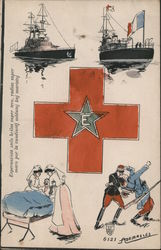 Warships, Red Cross with E Star, nurses giving aid, war death Postcard