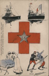 Warships, Red Cross with E Star, nurses giving aid, war death. Postcard Postcard Postcard