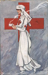 Woman in Red Cross uniform holds a tea cup and saucer in front of large red cross. Postcard Postcard Postcard