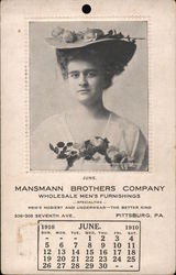 Advertisement and calendar, Mansmann Brothers Company, Wholesale Men's Furnishings 1910 Pittsburgh, PA Postcard Postcard Postcard