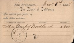 The Bank of California receipt of funds. Nov. 8th, 1886 Postcard