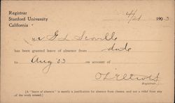 Card from Registrar of Stanford University granting a leave of absence in 1903 Postcard