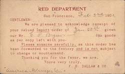 Business correspondence, Red Dept. of F. B. Dallam and Co., 1902 San Francisco, CA Postal Cards & Correspondence Postcard Postca Postcard