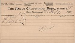 Bank deposit notice, The Anglo-Californian Bank, 1890 Postcard