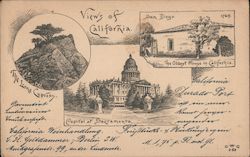 German: Views of California. The lone cypress, capitol at Sacramento, oldest house in California. Postcard